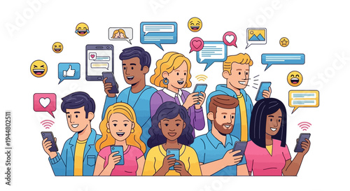 A diverse group of young adults engaged with their mobile devices, surrounded by vibrant social media icons and speech bubbles in a flat, digital illustration with a lively and connected