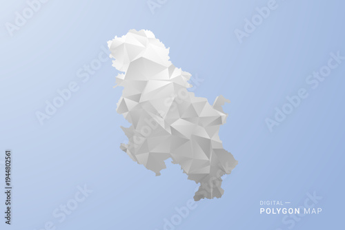 Serbia Map - polygon style vector illustration in gray, white and blue tone, low-poly geometric design, minimal silhouette, suitable for infographic and modern design.