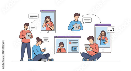 Flat vibrant illustration of Gen Z people collaborating on digital devices with social media icons, conveying a modern teamwork concept in a bright and colorful style