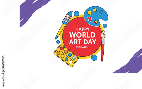 Happy world art day celebration with colorful art supplies