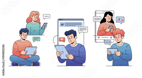 Flat vibrant illustration of Gen Z people collaborating on digital devices in a social media concept with a trend community and teamwork