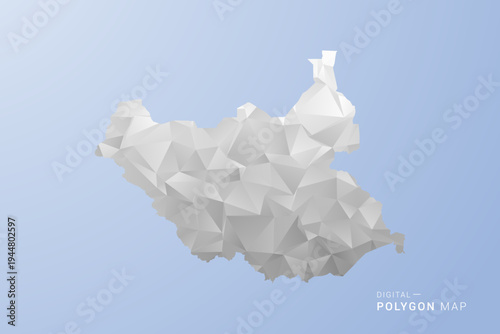 South Sudan Map - polygon style vector illustration in gray, white and blue tone, low-poly geometric design, minimal silhouette, suitable for infographic and modern design.