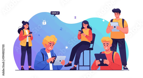 Flat vibrant illustration of Gen Z people collaborating on digital devices in a modern setting with a trend social media concept