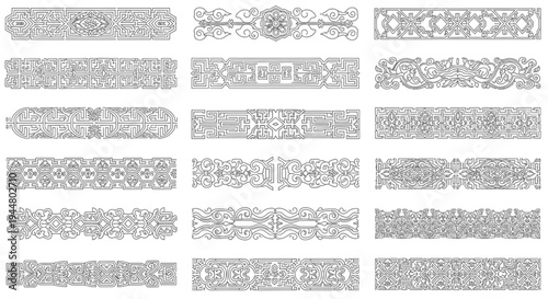 Comprehensive Traditional Asian Horizontal Decorative Border and Divider Vector Set with Ornate Geometric Patterns, Isolated White Background