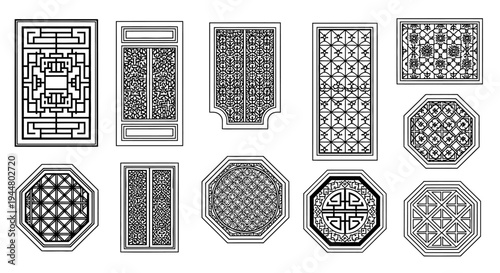 Traditional Asian Geometric Window and Door Lattice Patterns Vector Set in Various Shapes, Isolated White Background
