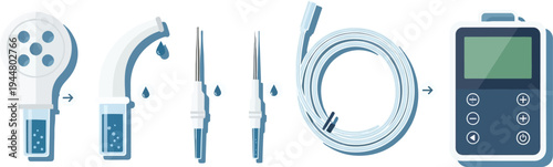 Assembly sequence shows steps for connecting a nebulizer component, tubing, and final control unit for respiratory therapy.
