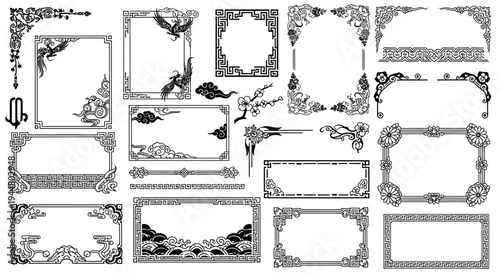 Traditional Asian Decorative Frame and Border Vector Set with Nature and Geometric Motifs, Isolated White Background