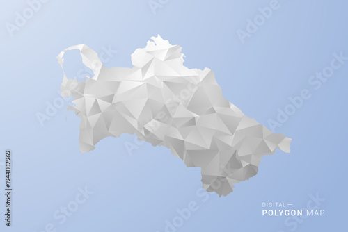 Turkmenistan Map - polygon style vector illustration in gray, white and blue tone, low-poly geometric design, minimal silhouette, suitable for infographic and modern design.