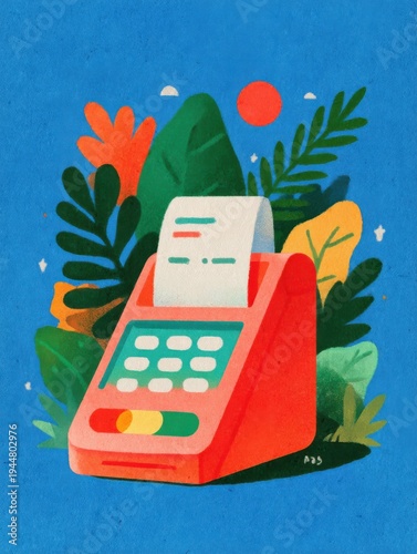 Eco-friendly business and green retail concept. Illustration of a cash register printing a receipt surrounded by tropical leaves, representing sustainable commerce, ESG, and environmental accounting.