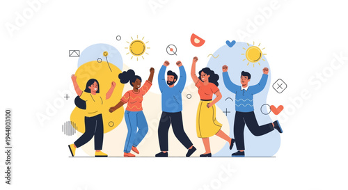 Colorful illustration of a diverse group of people celebrating happiness with joyful expressions and party decorations in a lively scene