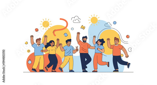 Colorful illustration of a diverse group of people celebrating the International Day of Happiness with joyful expressions and lively dance moves in a vibrant design