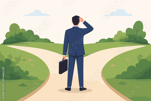 Businessman in a suit with a briefcase standing at a fork in the road, scratching his head while deciding which path to take. Concept of career choice, life direction, and business strategy.