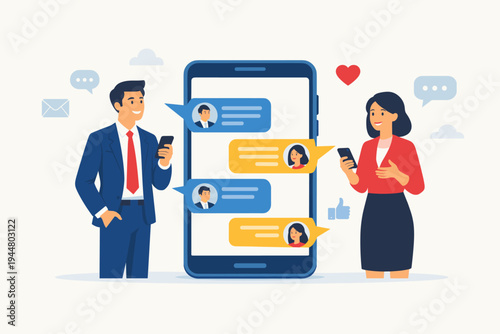 Business Man and Woman Chatting Online via Mobile App Vector Illustration, Professional Networking and Communication on Smartphone Screen with Chat Bubbles, Social Media Icons and Avatars