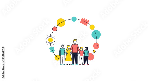 Colorful illustration of a diverse group of people celebrating International Day of Happiness with joyful decorations and balloons in a lively party scene