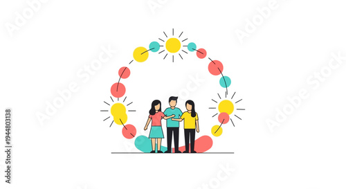 A colorful illustration of a happy family with two adults and one child standing together in a fun celebration on International Day of Happiness with a joyful and lively decoration