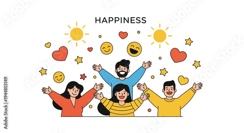 Colorful vector illustration of a happy group celebrating International Day of Happiness with joyful characters and decorations