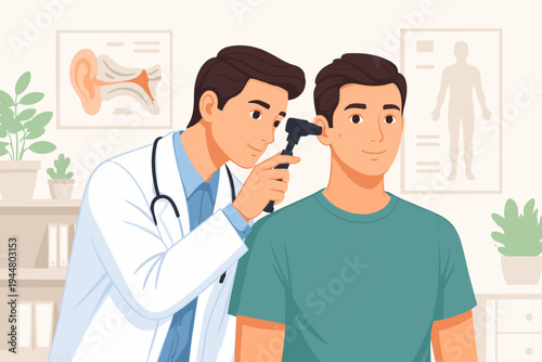 Vector illustration of a male doctor in a white coat using an otoscope to examine a male patient's ear during a medical checkup in a clinic with anatomical posters and plants in the background.