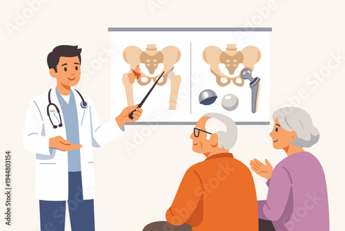 Orthopedic doctor explaining hip replacement surgery procedure to elderly couple using medical diagram. Surgeon showing prosthetic joint implant parts to senior patients in hospital clinic.