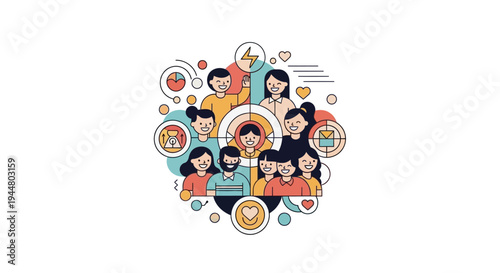 Colorful illustration of a diverse group of people celebrating International Day of Happiness with joyful expressions and decorative elements