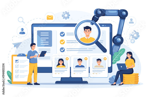 Automated Online Job Application and Candidate Preselection Vector Illustration. AI Recruitment Process with Robotic Arm Magnifying Best Talent Resumes for HR Hiring and Talent Acquisition.