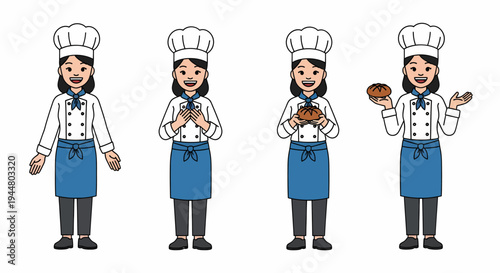 Four cartoon illustrations of a female chef in various poses, holding baked goods and gesturing, depicting a professional baker.