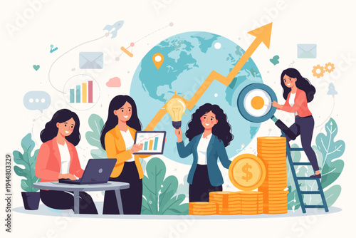 Vector illustration of diverse businesswomen working together for global business growth and success. Featuring female entrepreneurs, innovation, financial strategy, and international marketing.