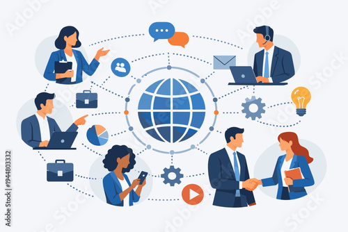 Business people working in global collaboration using social network to communicate, flat vector illustration of diverse professionals with globe, handshake, and digital technology icons.