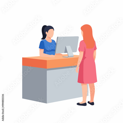 A woman sitting at a reception desk with a computer assisting another woman standing in front of her.