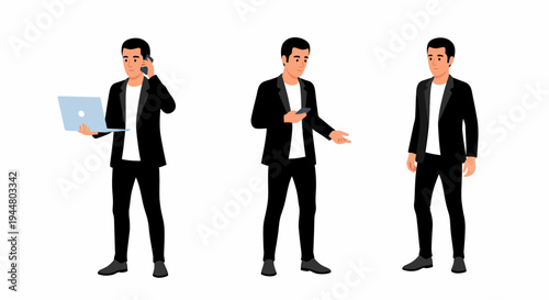 Three vector illustrations of a young businessman in a black suit and white t-shirt, using a laptop, smartphone, and standing.