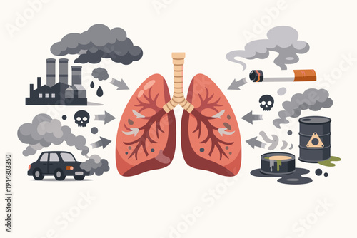 Vector illustration of human lungs inhaling toxic pollutants like industrial factory smoke, car exhaust, cigarette smoke, and chemical waste, depicting respiratory health risks and pollution.