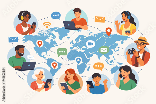 Flat Vector Illustration of Diverse People Connecting Globally Across a World Map Using Modern Technology like Laptops and Smartphones for Communication, Networking, and Social Interaction.
