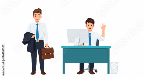 Cartoon illustration of a businessman arriving at work and another working at his desk.