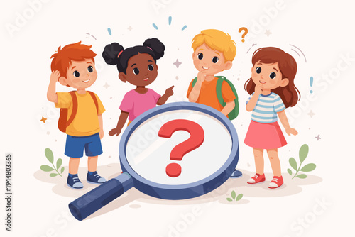 Diverse Group of Curious Children Standing Around a Large Magnifying Glass with a Red Question Mark, Exploring, Learning, and Solving Mysteries in a Simple Flat Vector Cartoon Illustration.