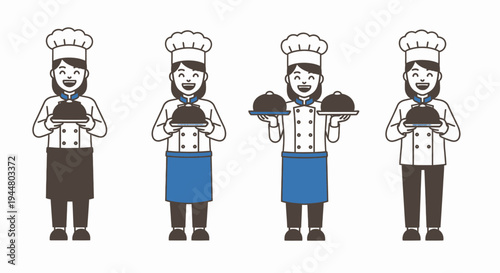 Four smiling female chefs holding serving cloches.