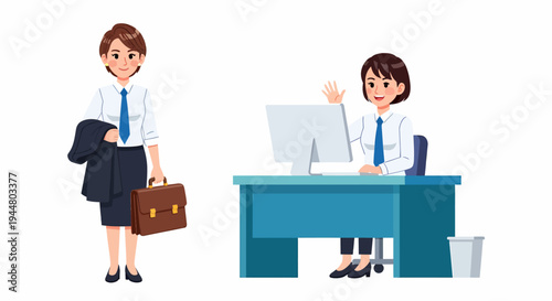 Two cartoon businesswomen in professional attire, one standing with a briefcase and jacket, the other sitting at a desk waving.