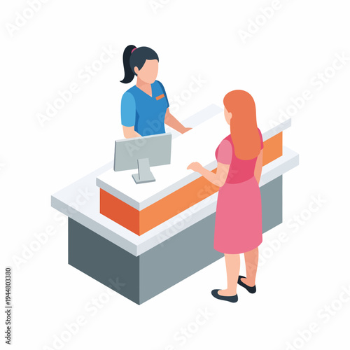 Isometric illustration of a receptionist assisting a customer at a service desk.
