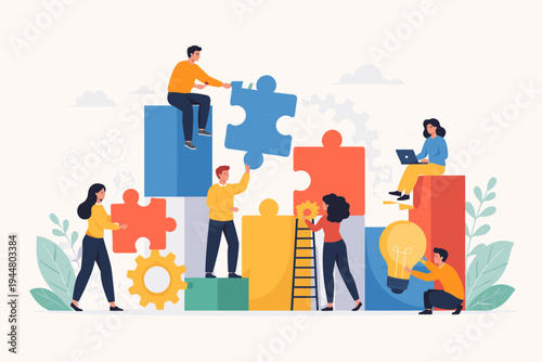 Teamwork and Collaboration Concept with Diverse People Building a Puzzle Together. Business Strategy, Problem Solving, and Creative Innovation Flat Vector Illustration for Corporate Success.
