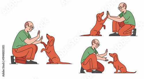 Man training a dachshund dog to give a high five and shake paw, demonstrating pet obedience and positive reinforcement.