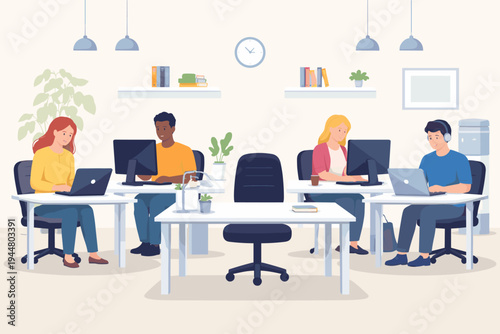 Modern open plan office vector illustration featuring diverse employees working on laptops and desktop computers at white desks, including one empty workspace, indoor plants, and a wall clock.