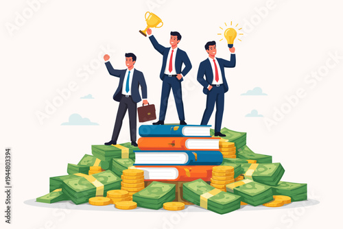 Successful businessmen standing on a pile of money and books, celebrating financial success and professional achievement with a trophy and lightbulb idea, concept of knowledge and wealth growth.