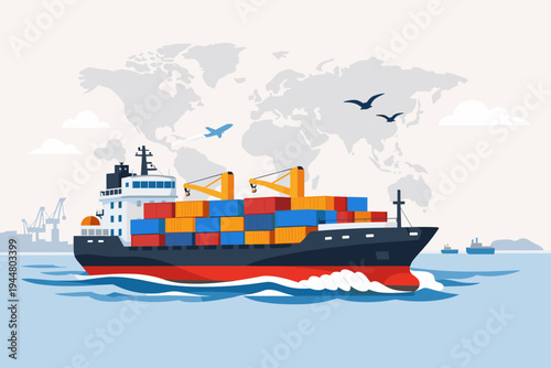 Industrial Marine Vessel Transporting Cargo Containers Across the Ocean with World Map Background, Global Logistics and International Trade Concept, Flat Vector Illustration for Global Shipping