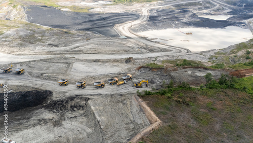 Canvas Print Drone footage from a coal mining site in South Kalimantan shows trucks and heavy