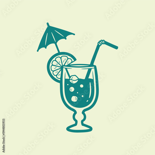 Hand drawn tropical cocktail drink icon with umbrella straw and citrus slice garnish in line art style