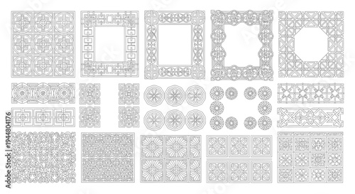 Large collection of traditional Asian decorative design elements, including square frames, ornate borders, and circular patterns, presented on an isolated white background.