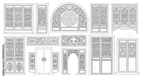 Set of traditional Asian architectural door and window designs with intricate carved patterns, presented on an isolated white background.