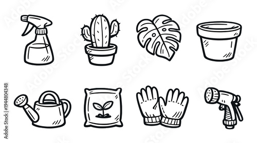 Gardening tools and potted plants arranged on gray background