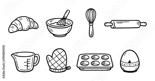 Baking tools and croissant with bowl and rolling pin