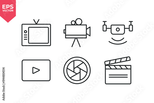 Set of line icons related to cinema, video, theater, movie, drone, video, movie camera, TV, clapperboard. Editable stroke. Vector illustration