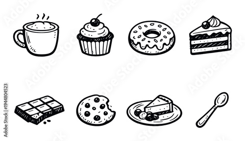 Coffee and pastries arranged in rows on gray background