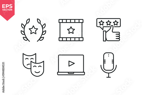 Set of line icons related to video, rating, production, audio recording, video player, mic, actor. Editable stroke. Vector illustration